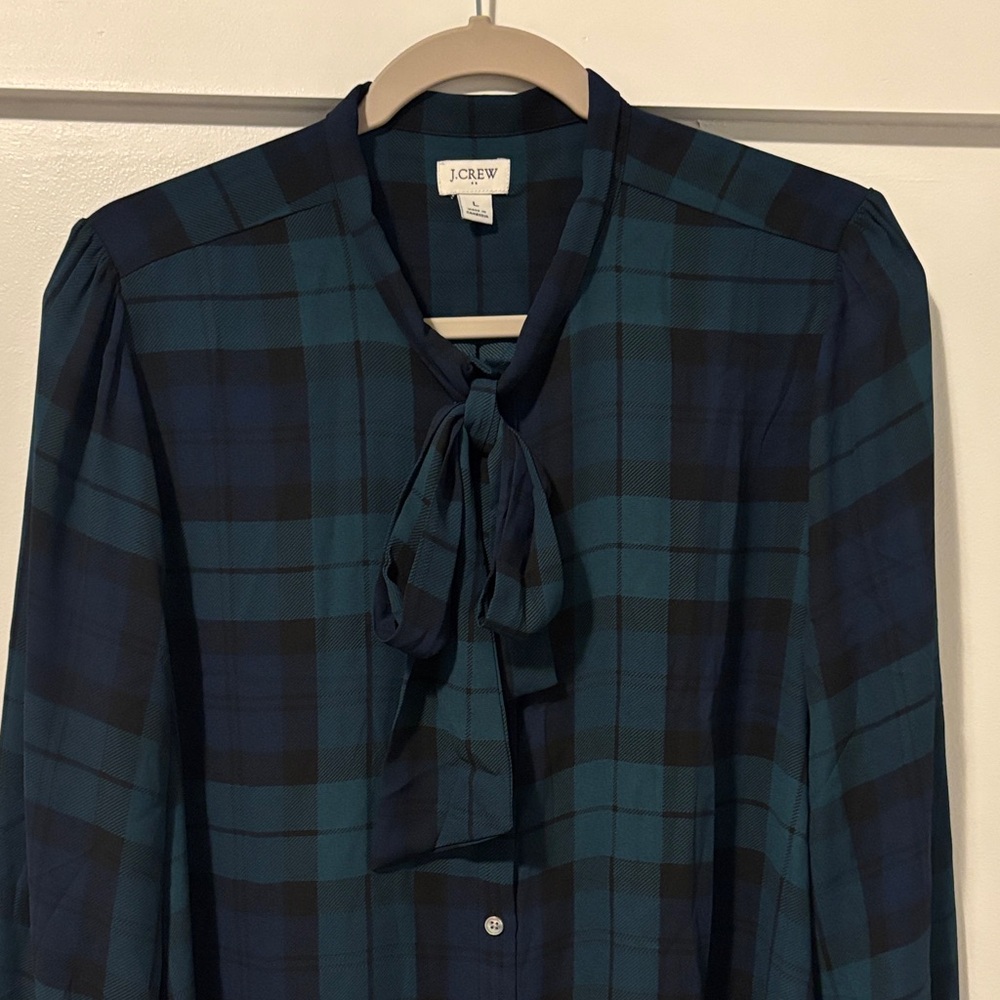 J.Crew Green Navy and Black Plaid Blouse with Bow